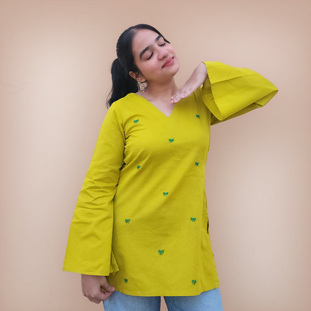 Bow-Rani - Embroidered Kurti in Yellow