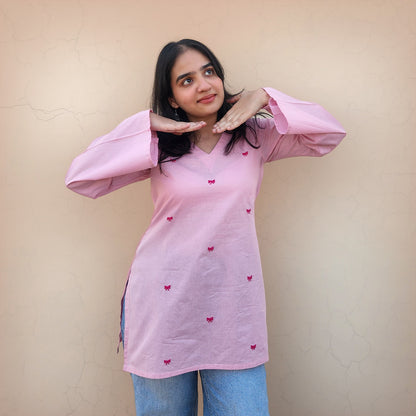Bow-Rani - Embroidered Kurti in Pink