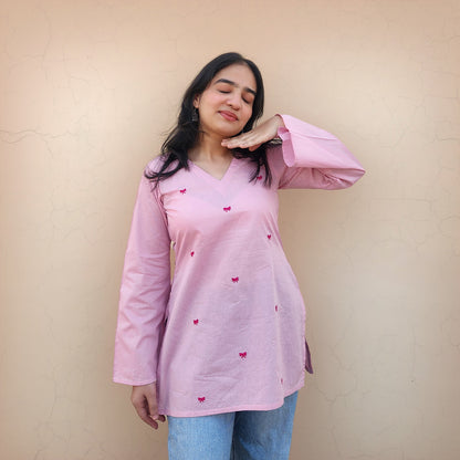 Bow-Rani - Embroidered Kurti in Pink