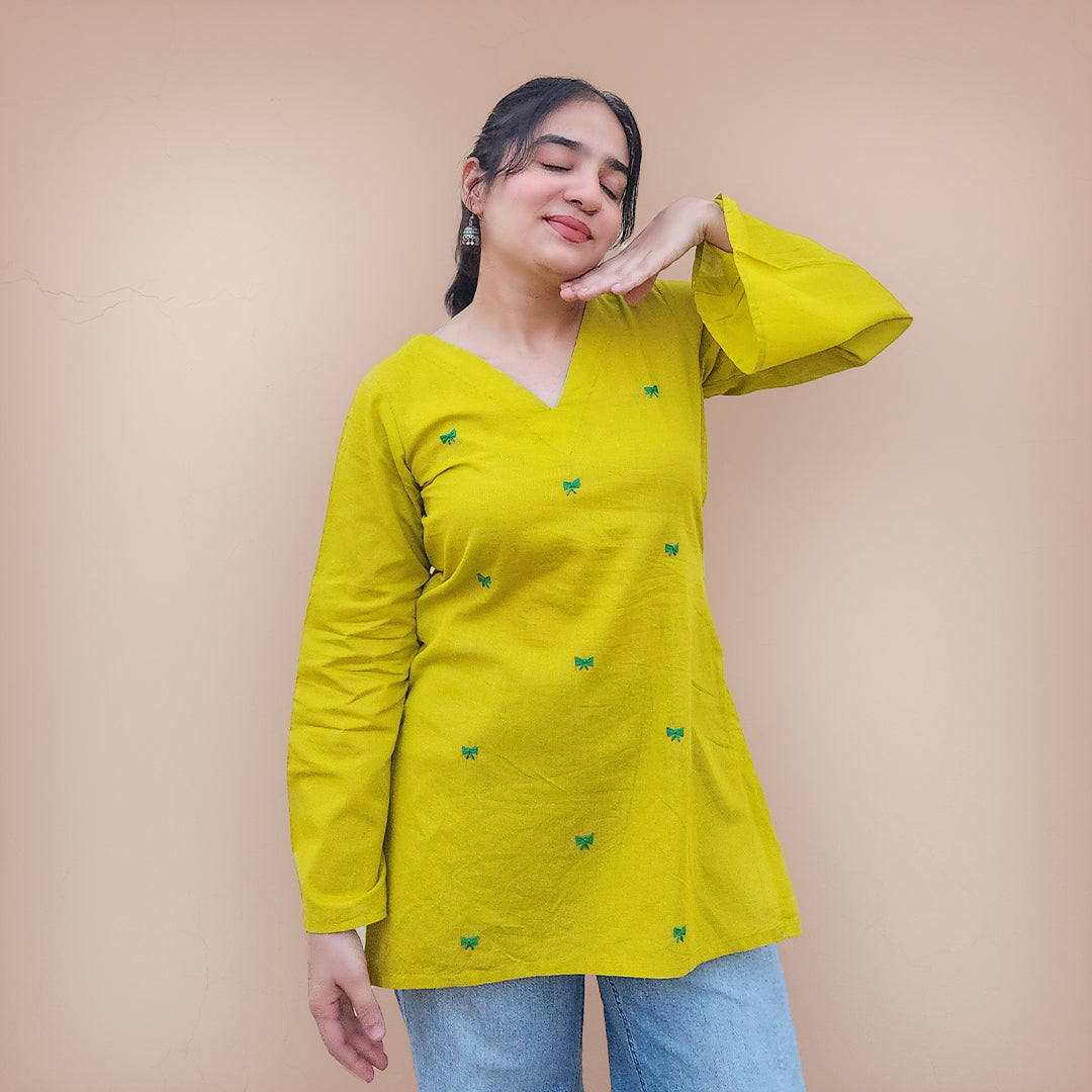Bow-Rani - Embroidered Kurti in Yellow