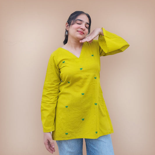 Bow-Rani - Embroidered Kurti in Yellow