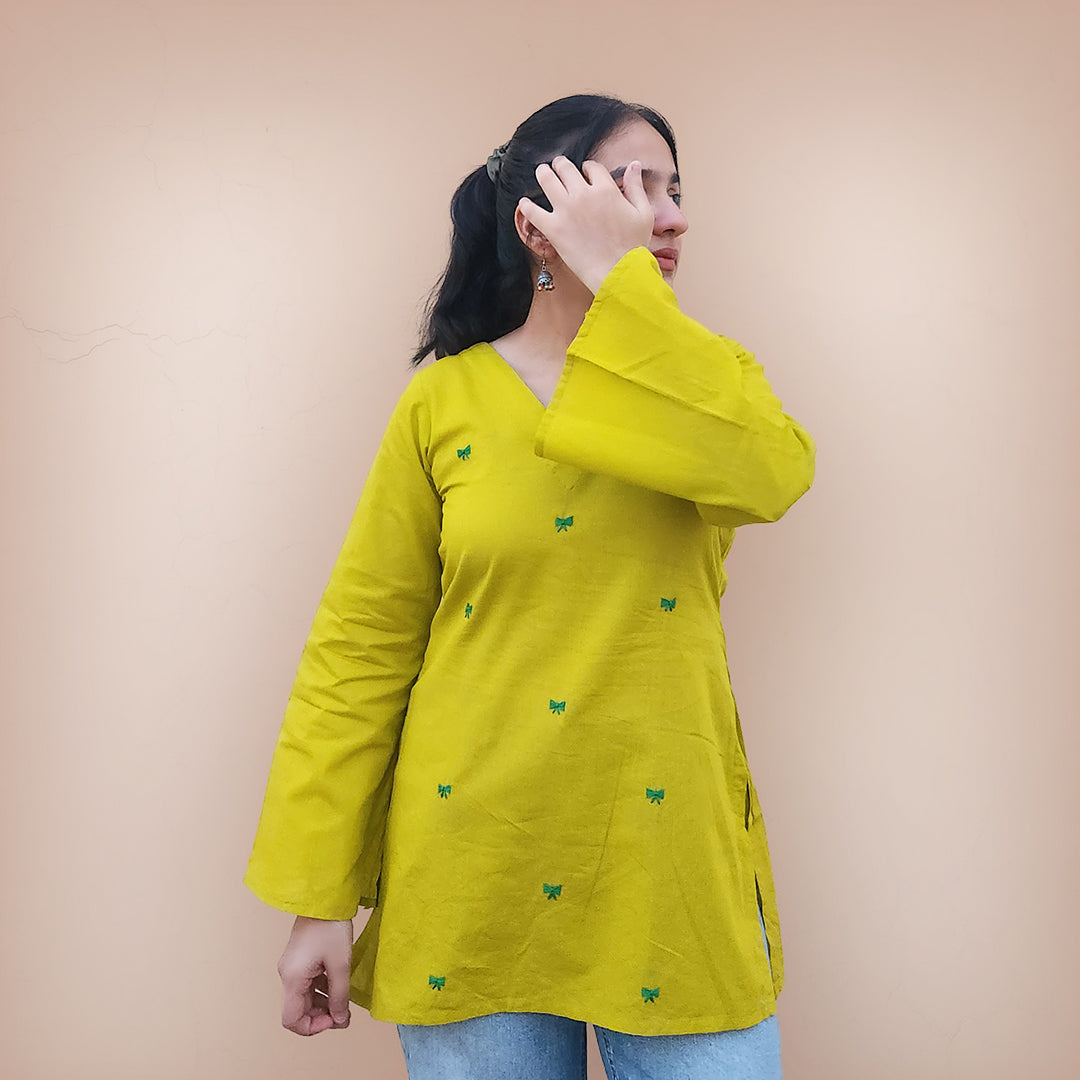 Bow-Rani - Embroidered Kurti in Yellow
