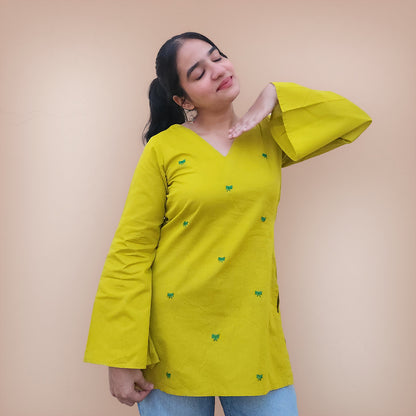 Bow-Rani - Embroidered Kurti in Yellow